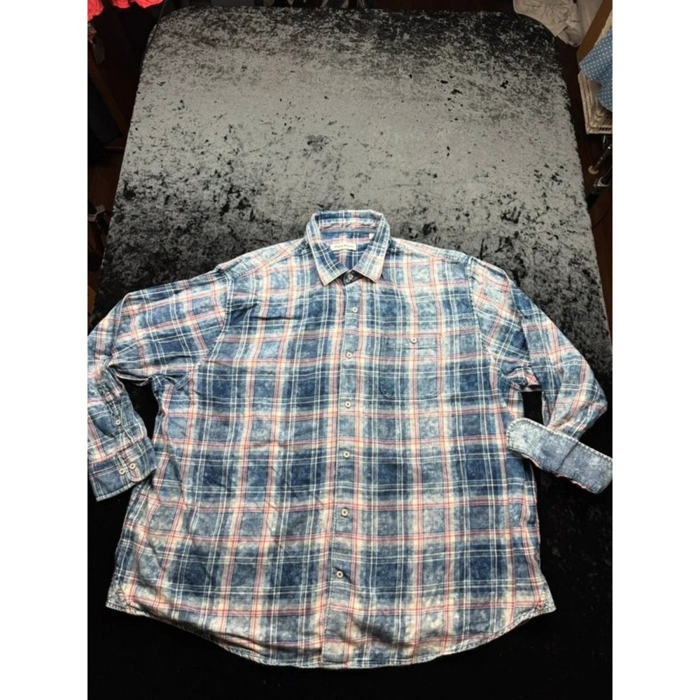 Tommy Bahama 3XLB Blue Red Plaid Shirt 100% Cotton Distressed Wash Long Sleeve
